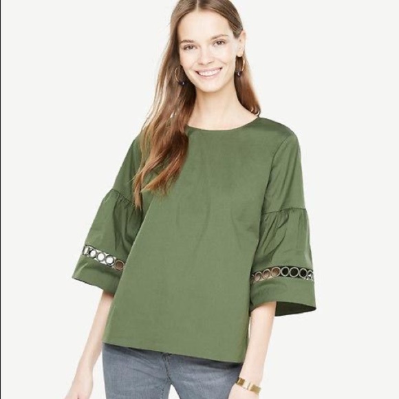 🍋NWT ANN TAYLOR Lacy Flare Sleeve In Dusty Olive - Picture 1 of 7